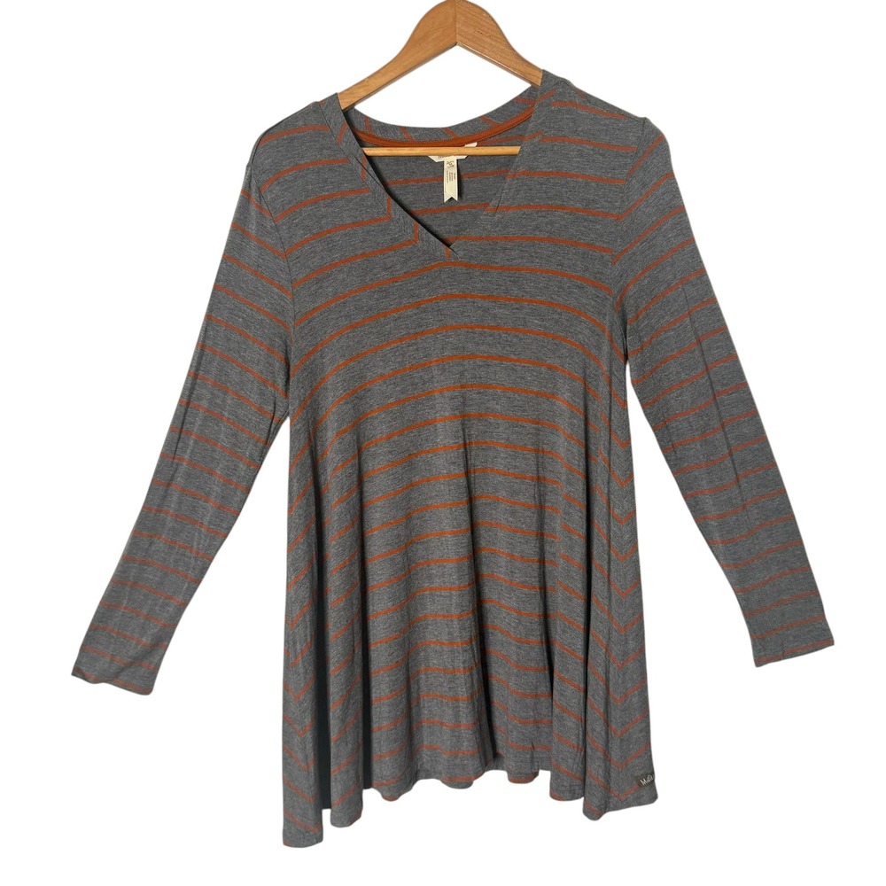Matilda Jane Wind Song Swing Tunic Size M Gray Orange Striped Lagenlook Artsy